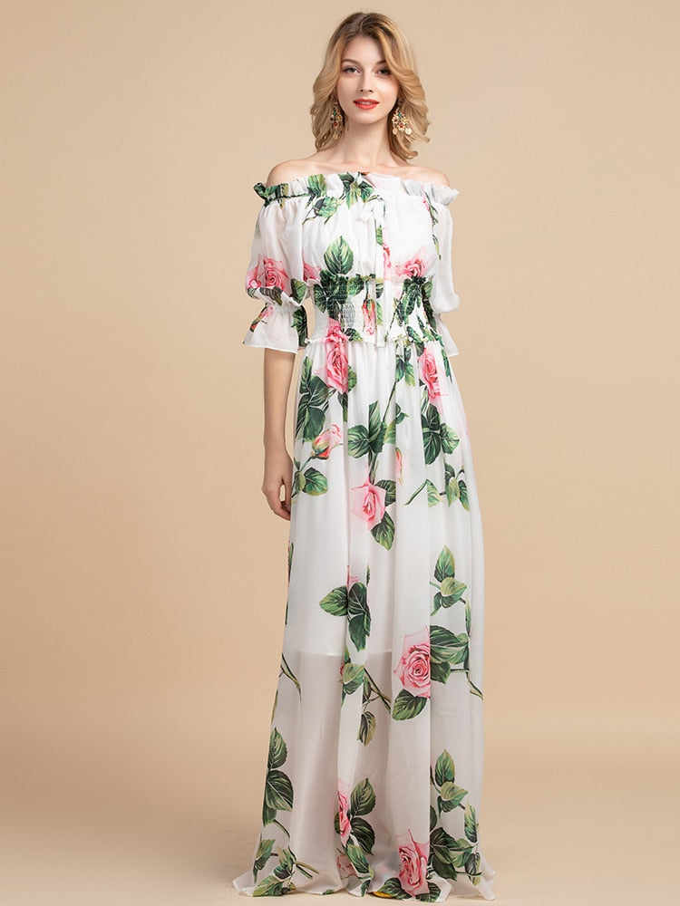 casual floral maxi dresses Casual Elastic Waist Rose Floral Print Long Maxi Dress – Drewliet
