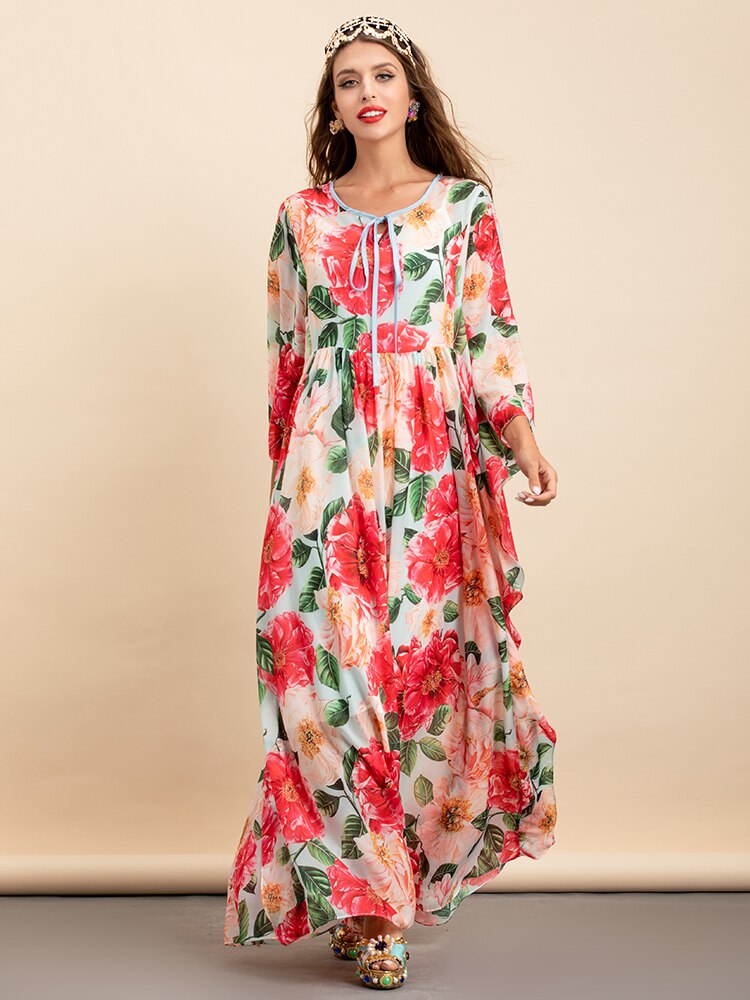 Chiffon Batwing Sleeve Camellia Flower Print Maxi Dress Drewliet Chiffon Batwing Sleeve Camellia Flower Print Maxi Dress Drewliet