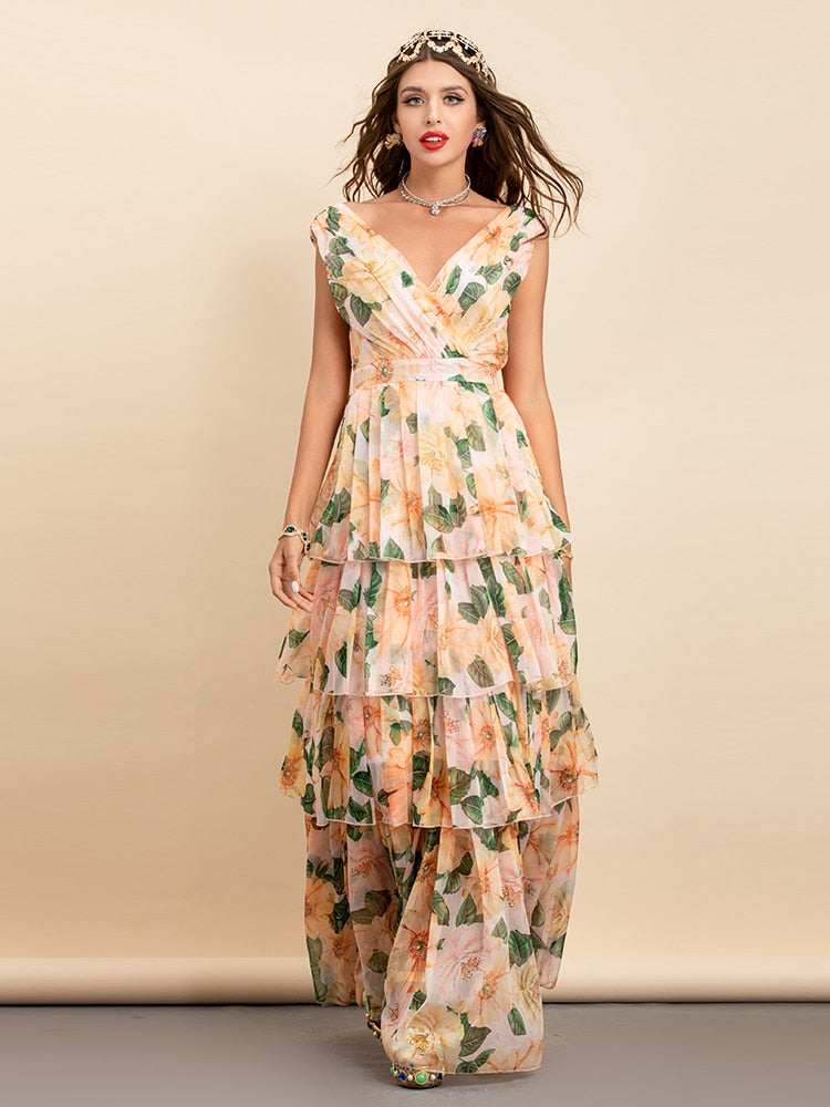 V-neck Floral Print Chiffon Long Party Maxi Dress – Drewliet