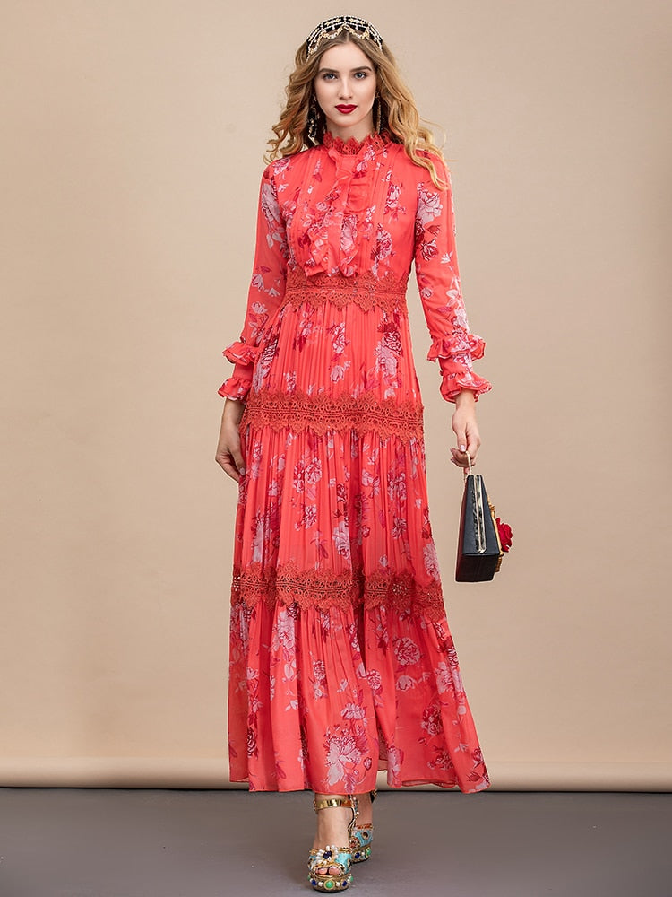 Flare Sleeve Lace Patchwork Floral Print Vintage Party Midi Dress – Drewliet