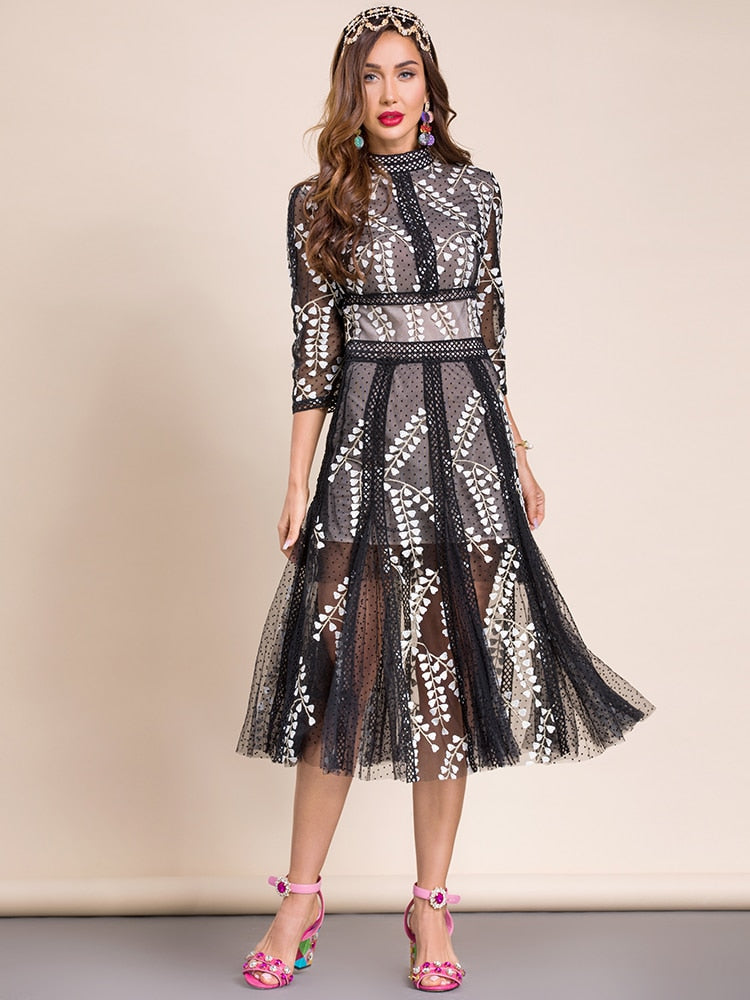 Vintage 3/4 Sleeve Black Lace Hollow Out Mesh Flower Embroidery Midi D Drewliet Vintage 3/4 Sleeve Black Lace Hollow Out Mesh Flower Embroidery Midi D Drewliet