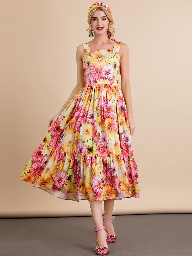 Spaghetti Strap Backless Elegant Flower Print Midi Dress Drewliet Spaghetti Strap Backless Elegant Flower Print Midi Dress Drewliet