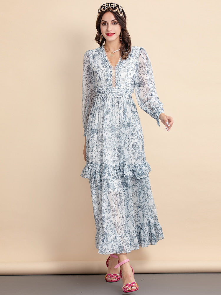 sachin and babi light blue dress Chiffon Elegant V-neck Ruffles Long Sleeve Floral Print Midi Dress –  Drewliet