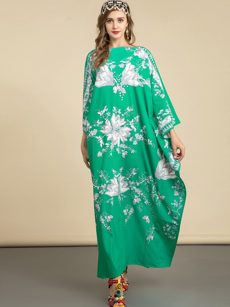Bohemian Holiday Party O-neck Batwing Sleeve Green Print Loose Maxi Dr   Drewliet