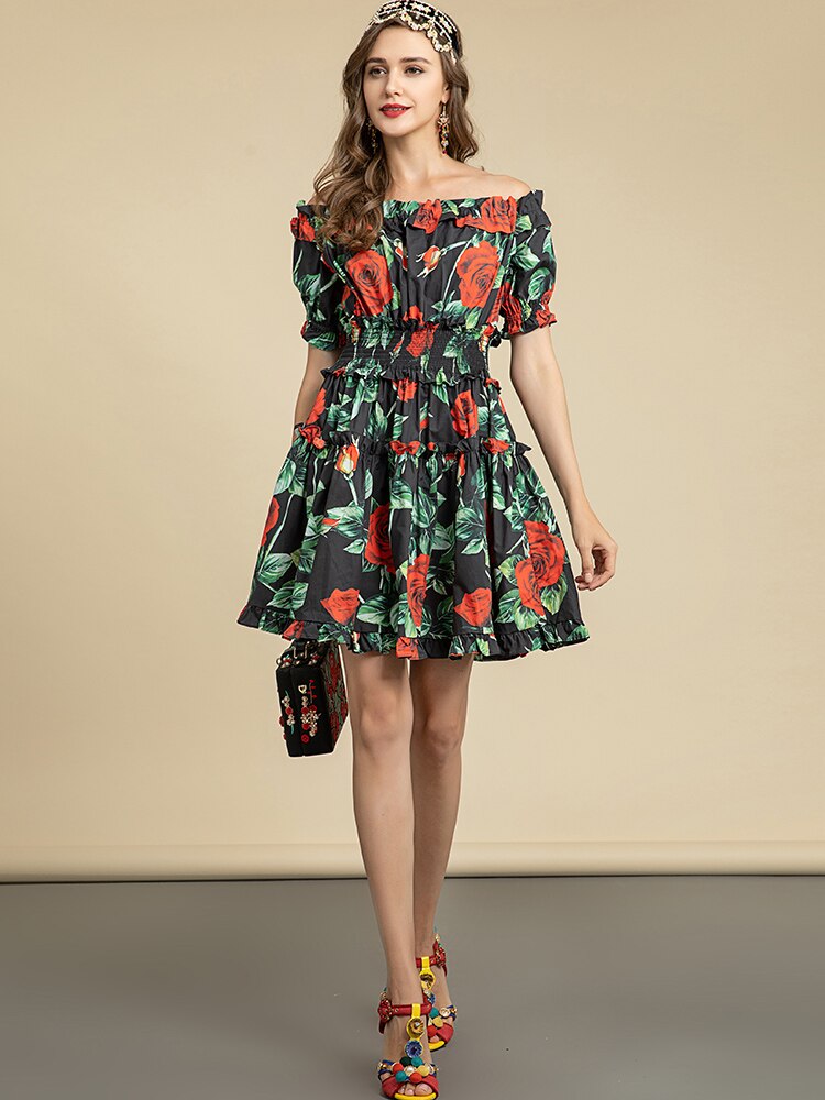 Cotton Slash Neck Elastic Waist Floral Print Holiday Party Mini Dress –  Drewliet