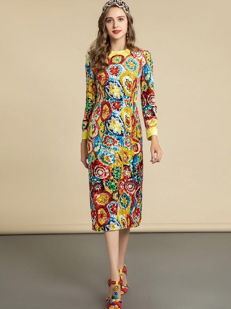 tinslee long sleeve midi dress Long Sleeve Luxury Crystal Beading Colorful Totem Print Midi Dress –  Drewliet