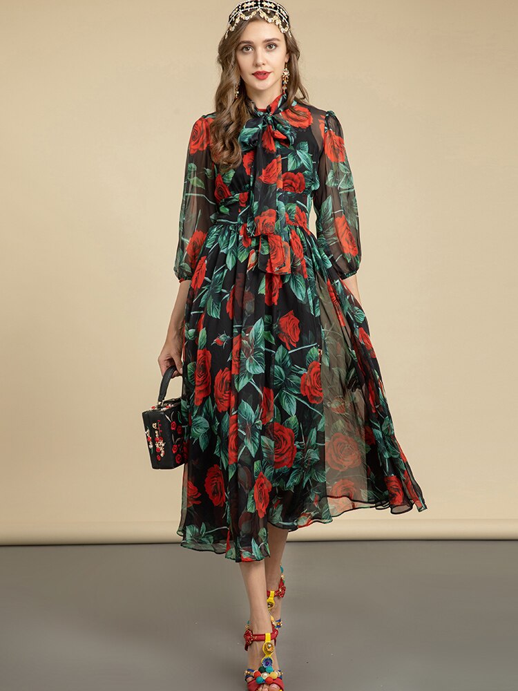 Chiffon Lantern Sleeve Retro Rose Flower Print Midi Dress