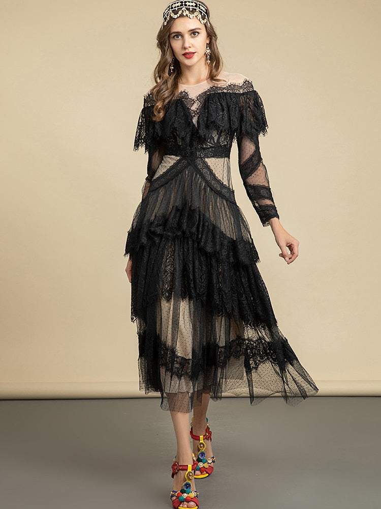 Sexy Club Mesh Long Sleeve Ruffles Lace Splicing Elegant