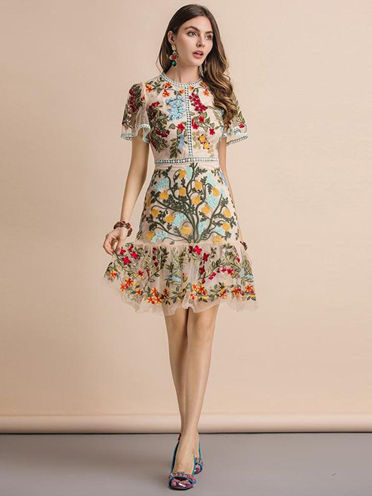 Flare Sleeve Floral Embroidery Elegant Mesh Hollow Out Midi Dress