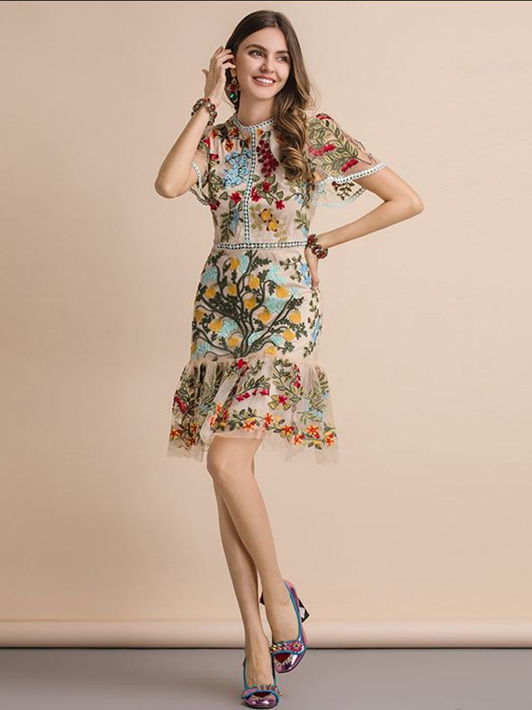 Flare Sleeve Floral Embroidery Elegant Mesh Hollow Out Midi Dress