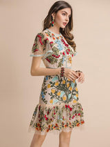 Flare Sleeve Floral Embroidery Elegant Mesh Hollow Out Midi Dress