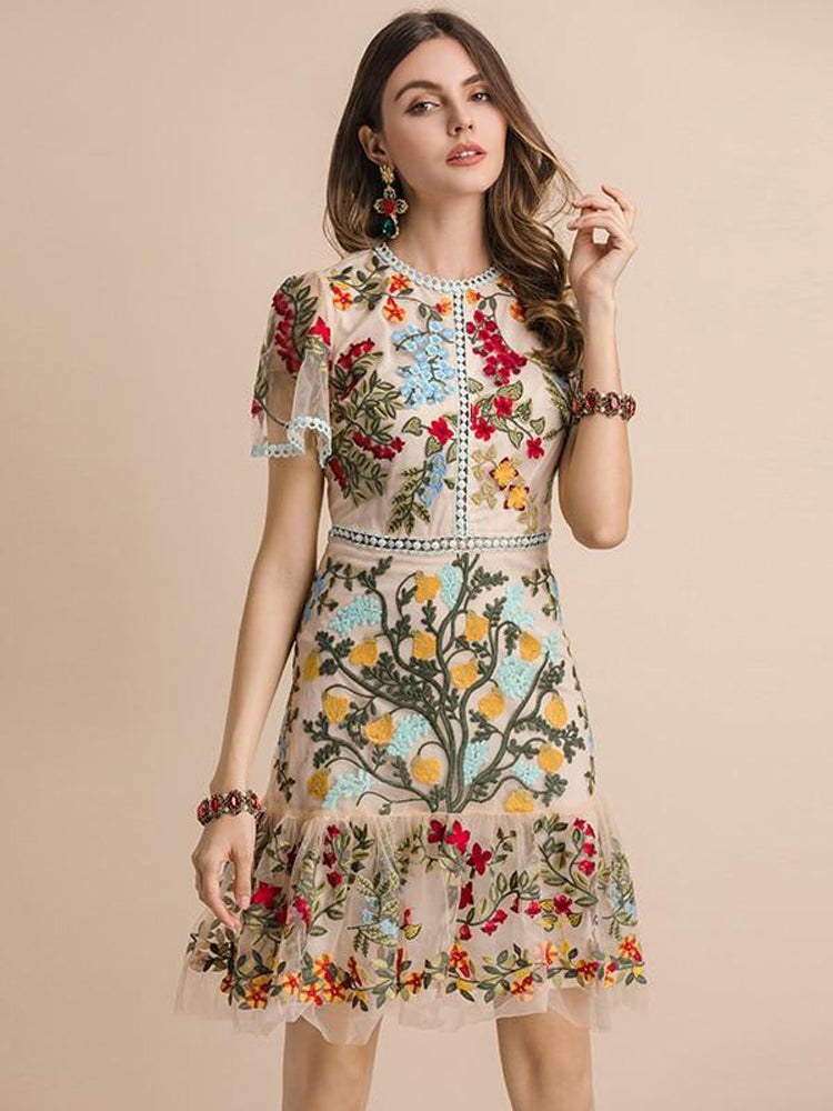 Flare Sleeve Floral Embroidery Elegant Mesh Hollow Out Midi Dress