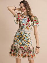 Flare Sleeve Floral Embroidery Elegant Mesh Hollow Out Midi Dress