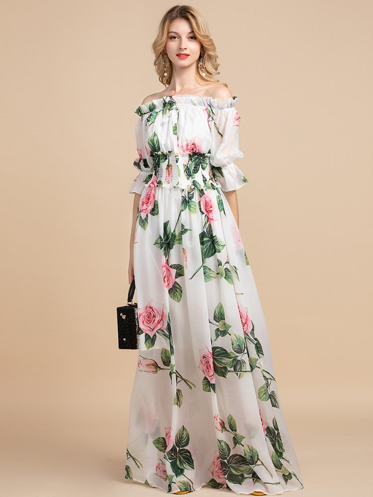 Casual Elastic Waist Rose Floral Print Long Maxi Dress Drewliet Casual Elastic Waist Rose Floral Print Long Maxi Dress Drewliet
