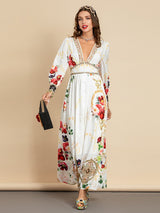 Elegant Deep V Neck Print Holiday Party Long Maxi Dress