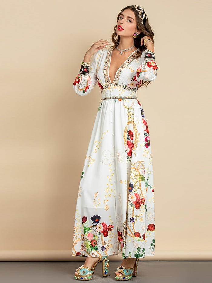 Elegant Deep V Neck Print Holiday Party Long Maxi Dress – Drewliet