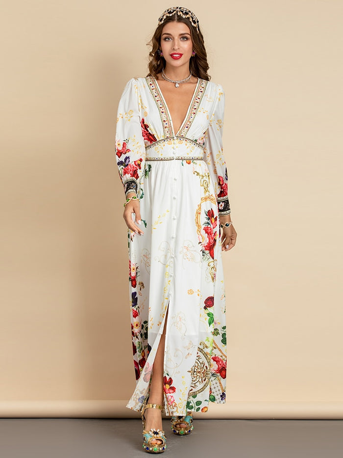 Elegant Deep V Neck Print Holiday Party Long Maxi Dress – Drewliet