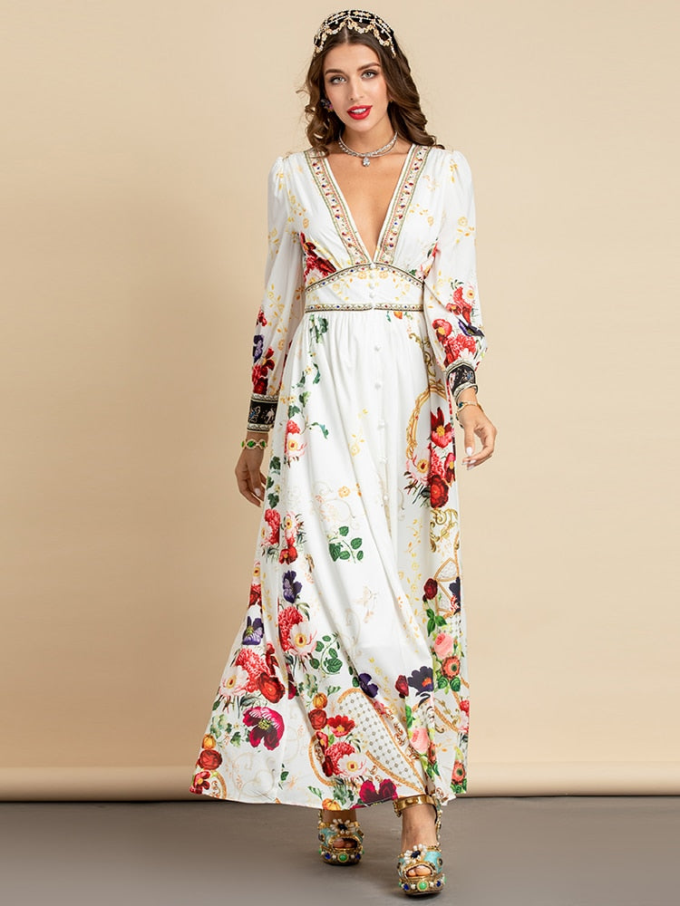 Elegant Deep V Neck Print Holiday Party Long Maxi Dress – Drewliet
