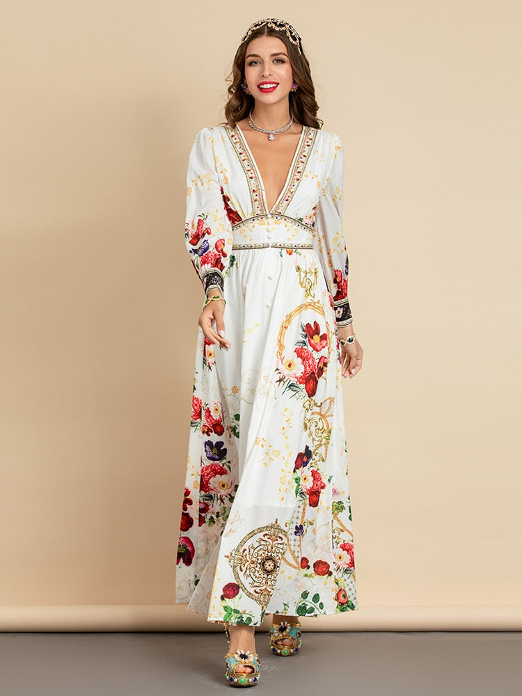 Elegant Deep V Neck Print Holiday Party Long Maxi Dress