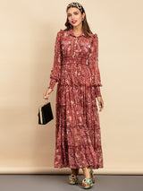 Chiffon Elastic Waist Snake Printed Vintage Maxi Dress