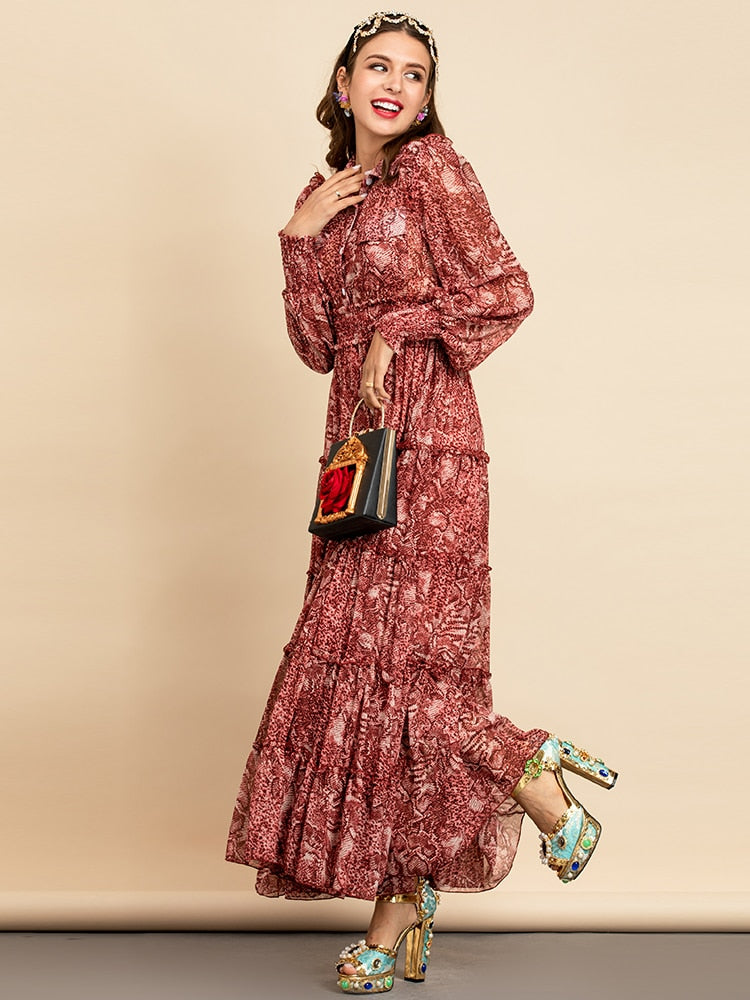 Chiffon Elastic Waist Snake Printed Vintage Maxi Dress