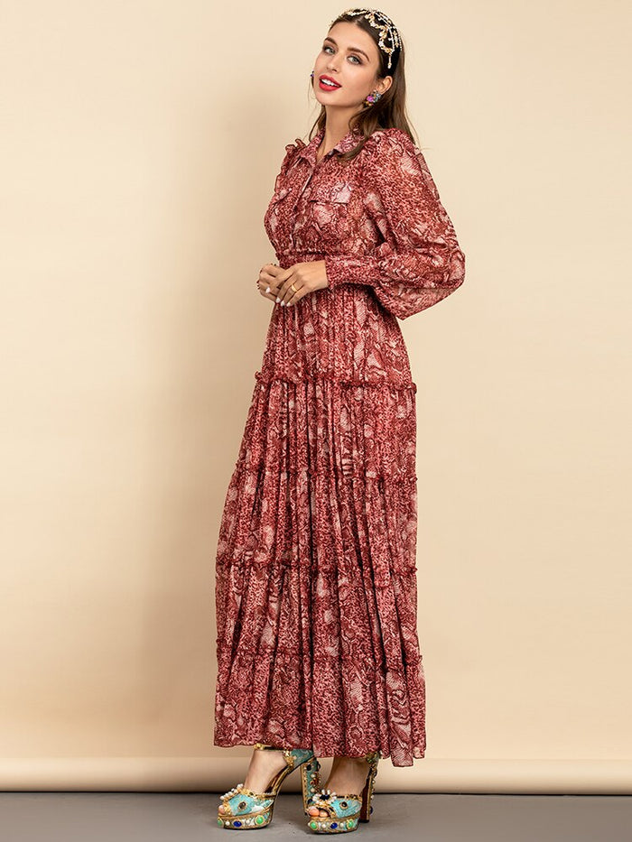 Chiffon Elastic Waist Snake Printed Vintage Maxi Dress – Drewliet