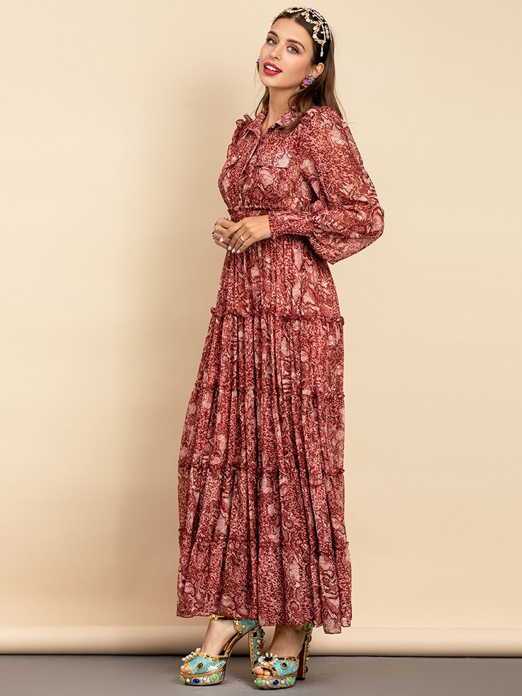 Chiffon Elastic Waist Snake Printed Vintage Maxi Dress