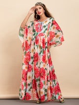 Chiffon Batwing Sleeve Camellia Flower Print Maxi Dress