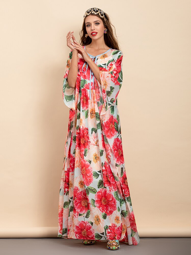 Chiffon Batwing Sleeve Camellia Flower Print Maxi Dress