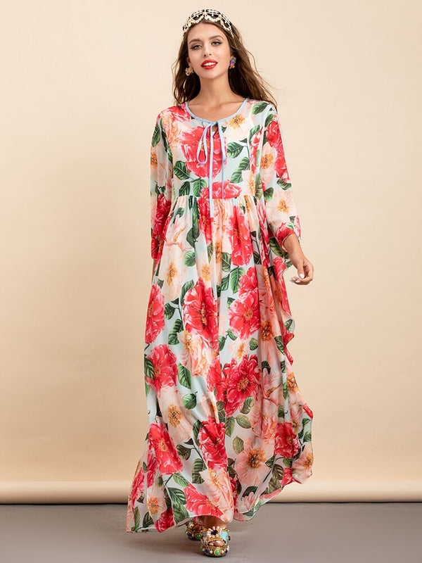 Chiffon Batwing Sleeve Camellia Flower Print Maxi Dress