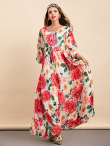 Chiffon Batwing Sleeve Camellia Flower Print Maxi Dress