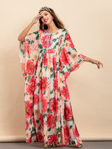 Chiffon Batwing Sleeve Camellia Flower Print Maxi Dress