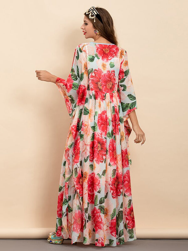Chiffon Batwing Sleeve Camellia Flower Print Maxi Dress