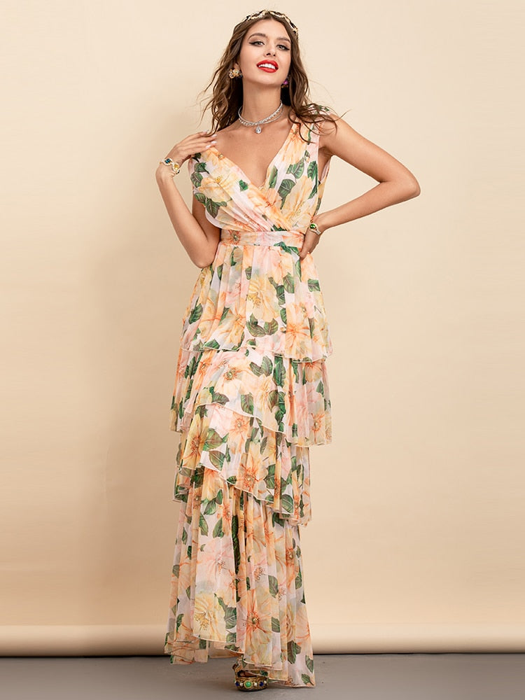 V-neck Floral Print Chiffon Long Party Maxi Dress