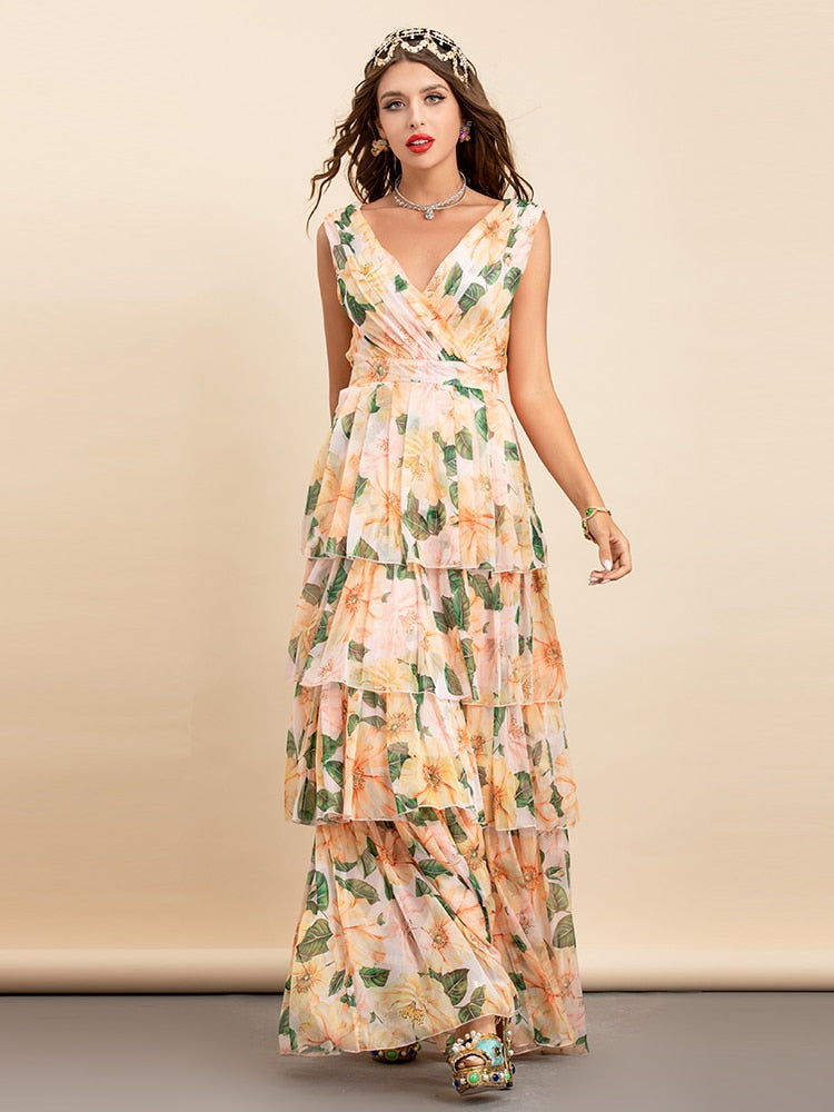 V-neck Floral Print Chiffon Long Party Maxi Dress