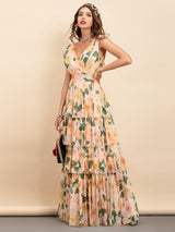 V-neck Floral Print Chiffon Long Party Maxi Dress