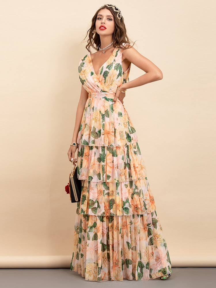 V-neck Floral Print Chiffon Long Party Maxi Dress