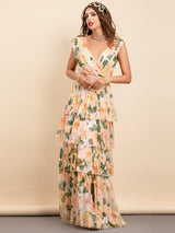 V-neck Floral Print Chiffon Long Party Maxi Dress