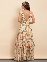 V-neck Floral Print Chiffon Long Party Maxi Dress