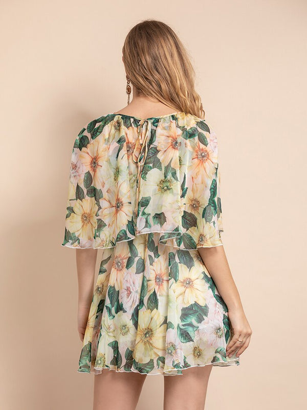 Half Sleeve Yellow Camellia Print Chiffon Mini Dress