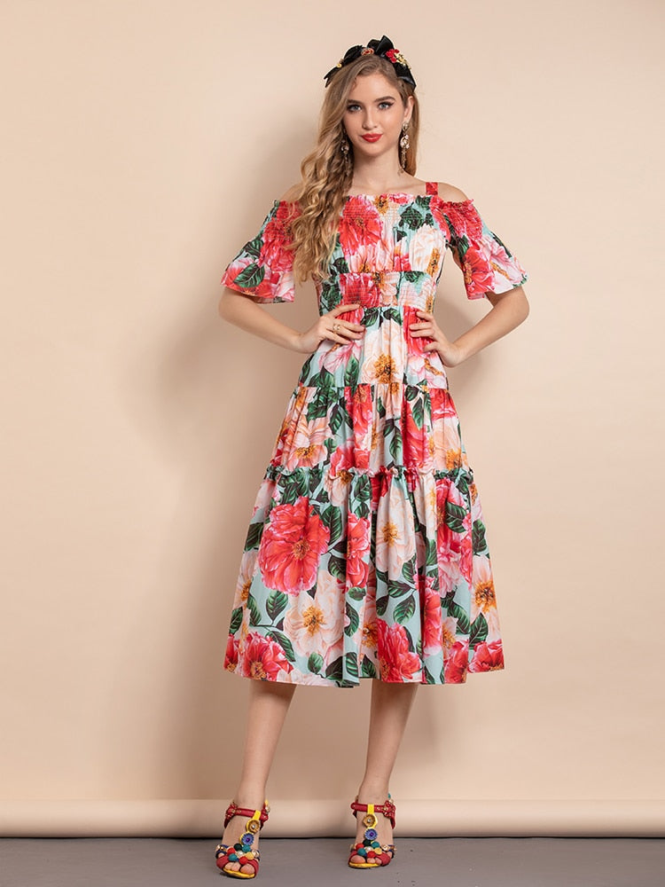 Slase Neck Elastic Waist Rose Floral Print Elegant Midi Dress Drewliet Slase Neck Elastic Waist Rose Floral Print Elegant Midi Dress Drewliet