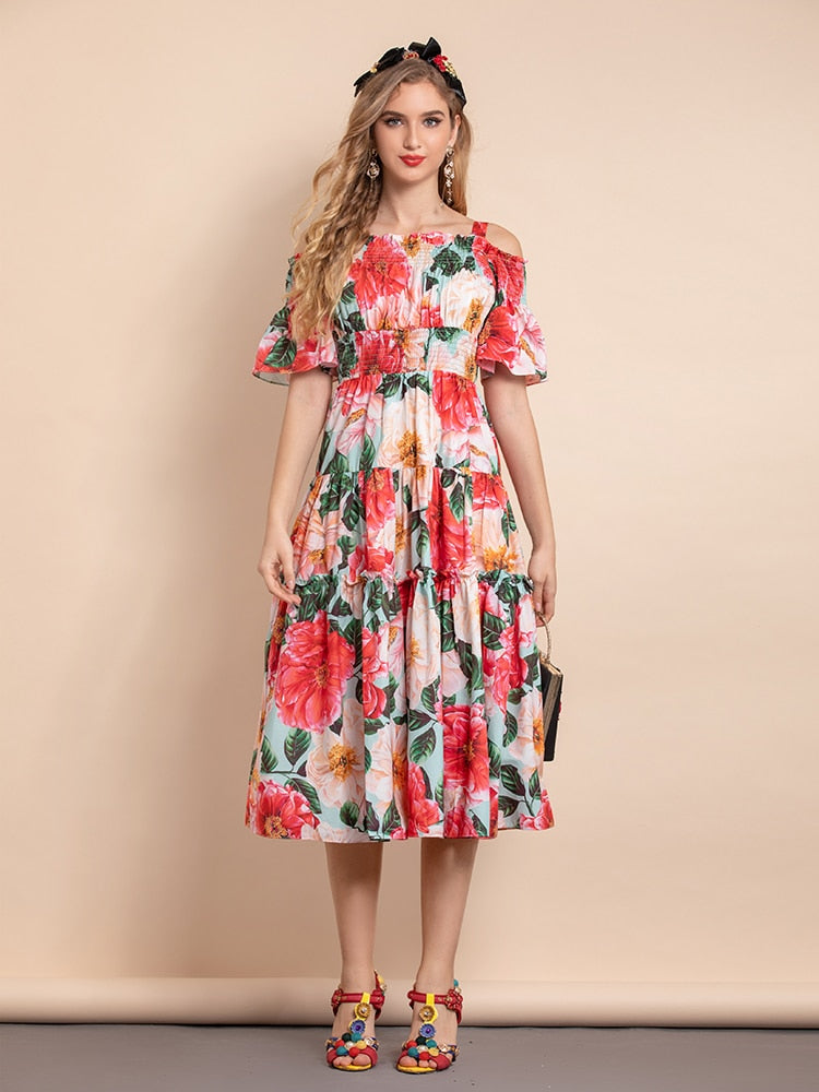 Slase Neck Elastic Waist Rose Floral Print Elegant Midi Dress