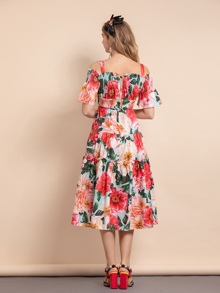 Slase Neck Elastic Waist Rose Floral Print Elegant Midi Dress