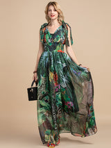 V-Neck Elastic Vintage Flowers Print Holiday Boho Long Maxi Dress