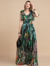 V-Neck Elastic Vintage Flowers Print Holiday Boho Long Maxi Dress