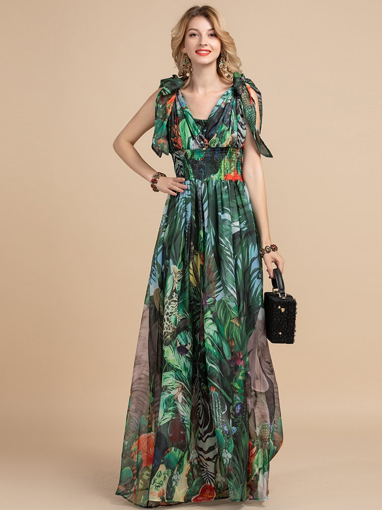 V-Neck Elastic Vintage Flowers Print Holiday Boho Long Maxi Dress