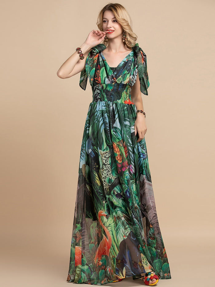 V-Neck Elastic Vintage Flowers Print Holiday Boho Long Maxi Dress – Drewliet