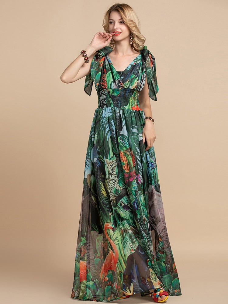 V-Neck Elastic Vintage Flowers Print Holiday Boho Long Maxi Dress