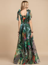 V-Neck Elastic Vintage Flowers Print Holiday Boho Long Maxi Dress