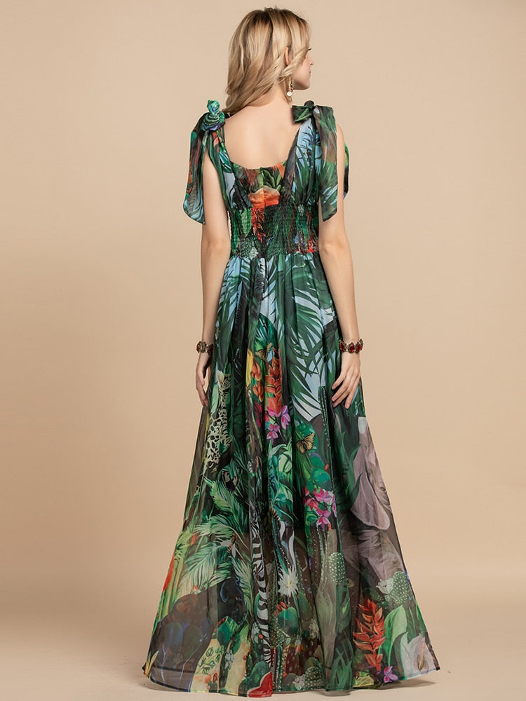 V-Neck Elastic Vintage Flowers Print Holiday Boho Long Maxi Dress